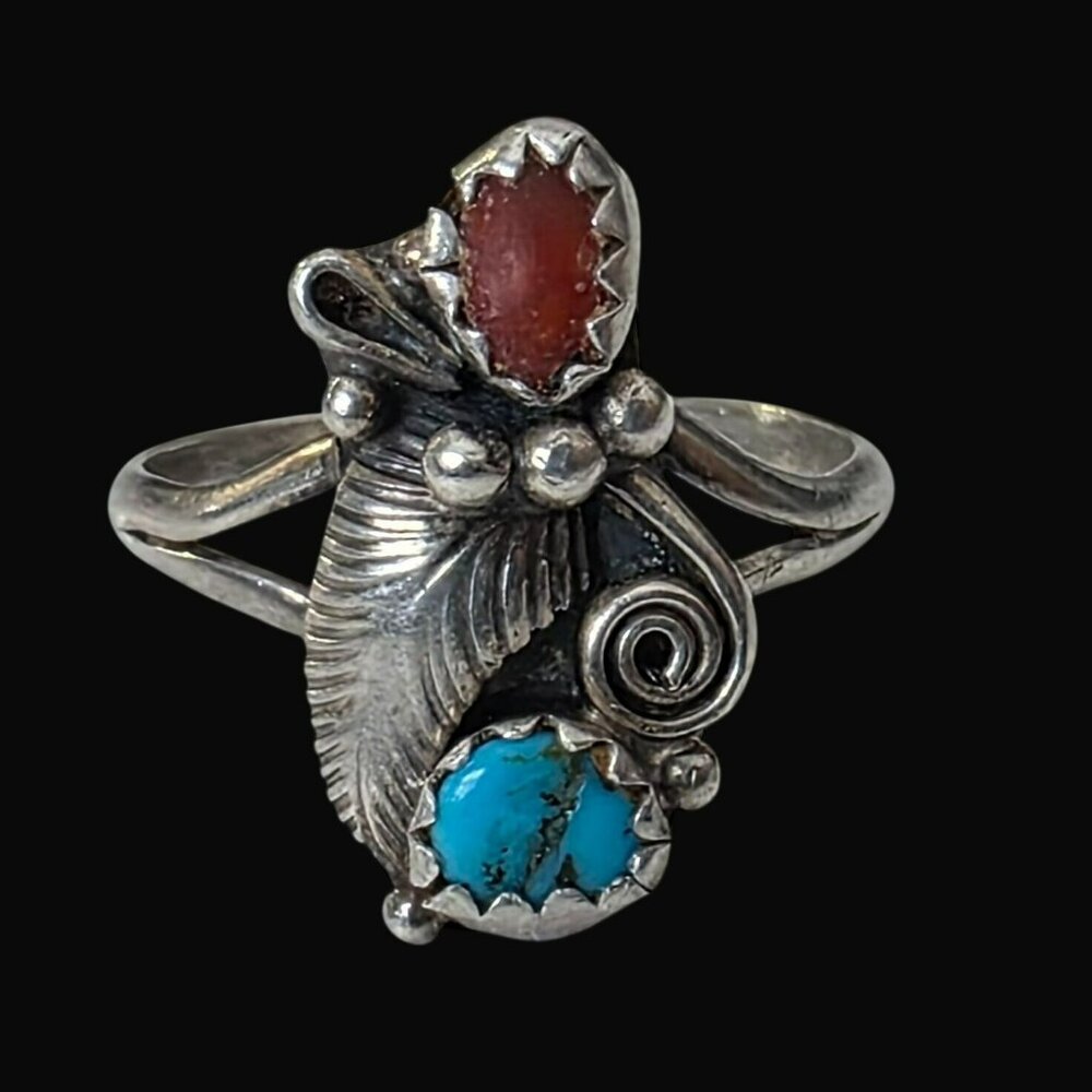 Vintage Navajo Sterling Silver Turquoise Coral Ring Southwest Native American 6